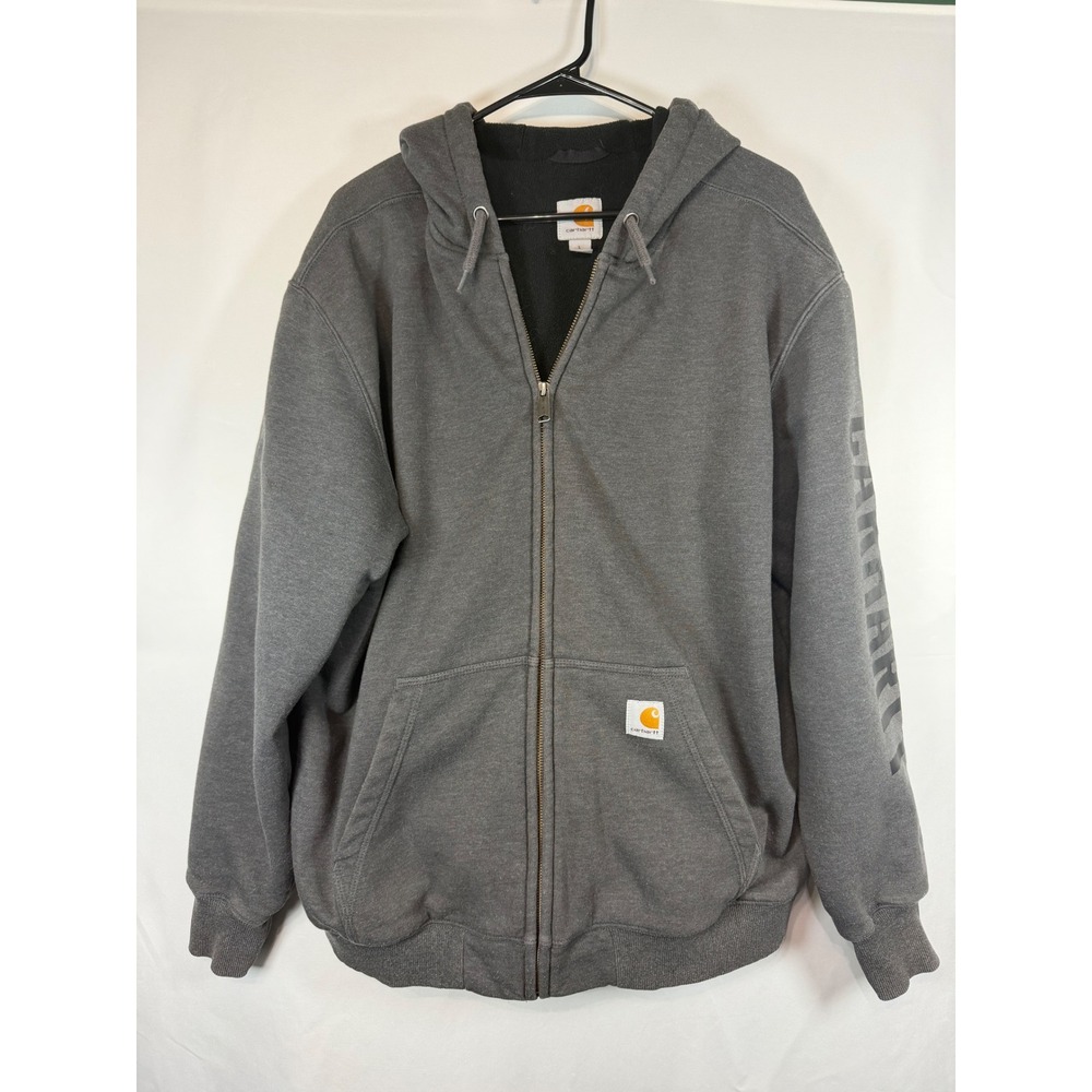 Carhartt Rain Defender Mens Large Gray Thermal Lined Full Zip Hoodie Logo Sleeve